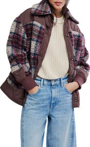 Free People Sana Quilted Plaid Fleece Bomber Jacket