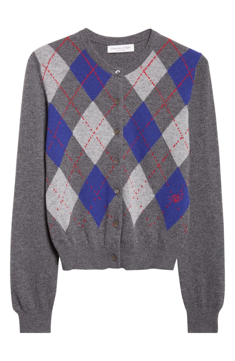 Johnstons of Elgin Clan Argyle Plaid Cashmere Cardigan, Alternate, color, Mid Grey Colourway