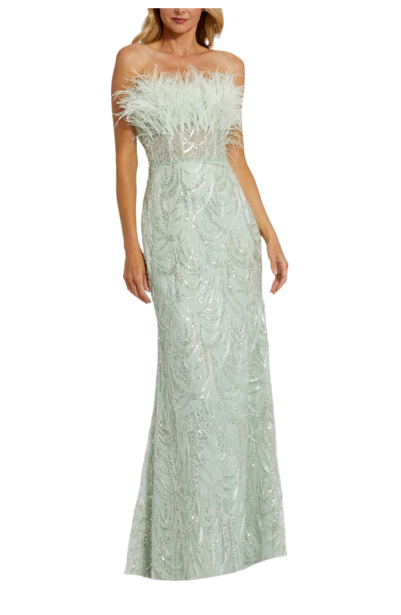 Mac Duggal Strapless Feather Bustier Gown with Embroidery, Main, color, Mint