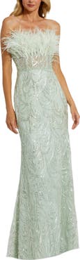 Mac Duggal Strapless Feather Bustier Gown with Embroidery