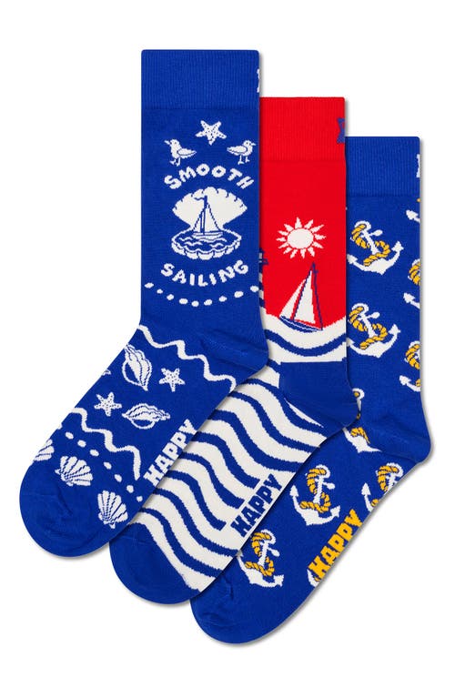 Happy Socks Smooth Sailing 3-pack Assorted Crew Socks Gift Set In Blue