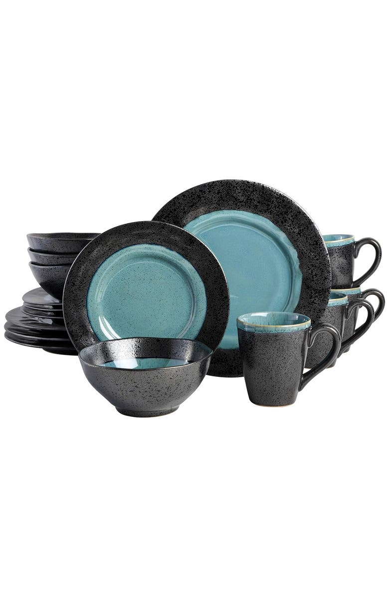 Gibson Elite Dragonstone 16 Piece Stoneware Reactive Glaze Dinnerware Set, Main, color, Black