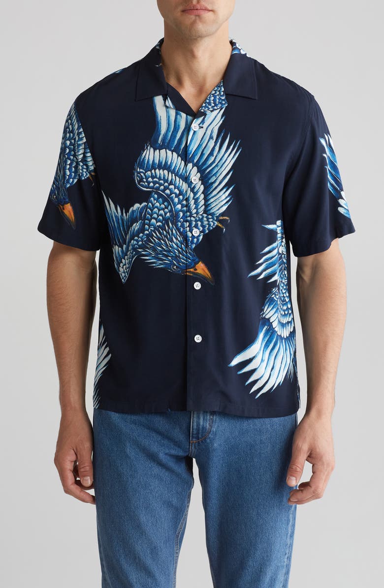 rag & bone Avery Print Camp Shirt, Main, color, Navy Eagle