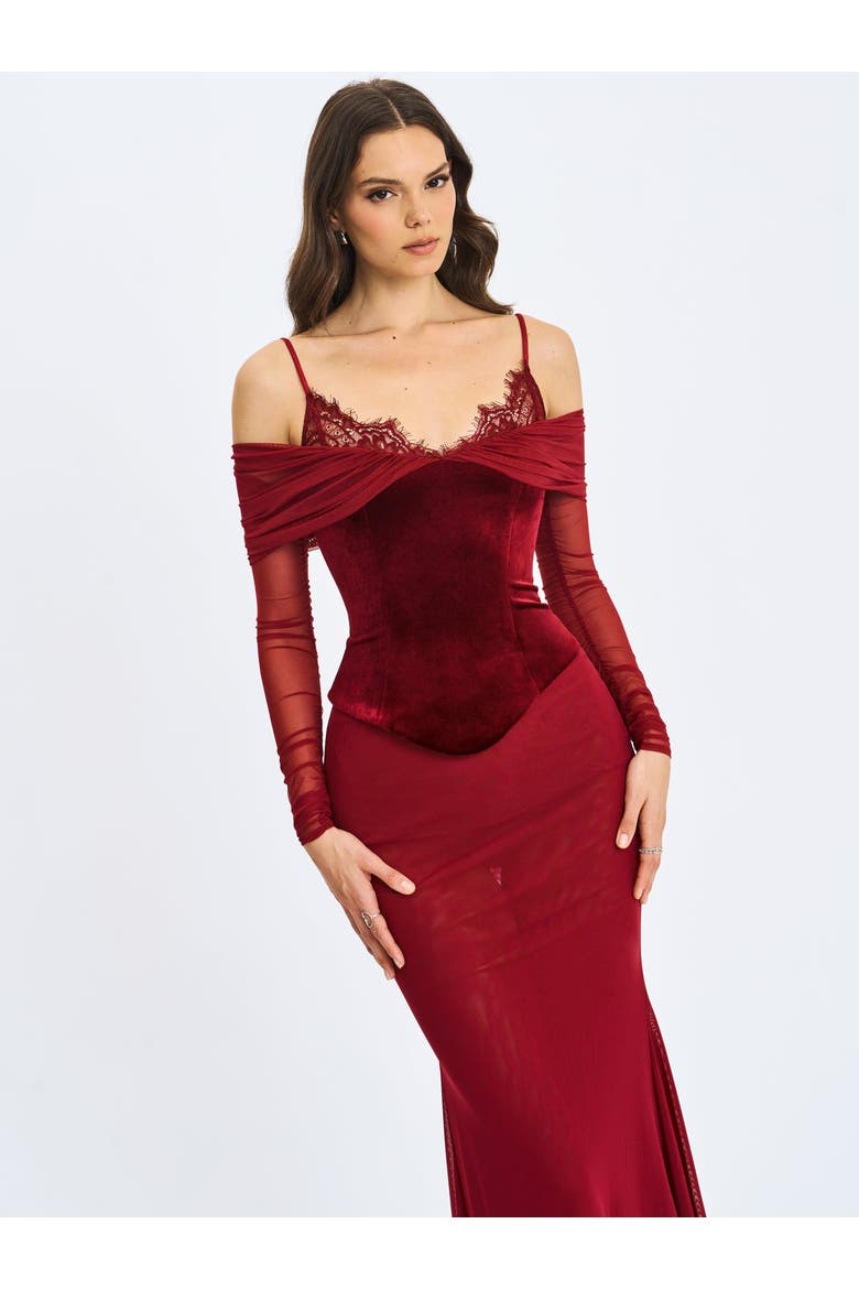 Maybelle Bardot Lace Strap Peplum Maxi Dress, Alternate, color, Magenta