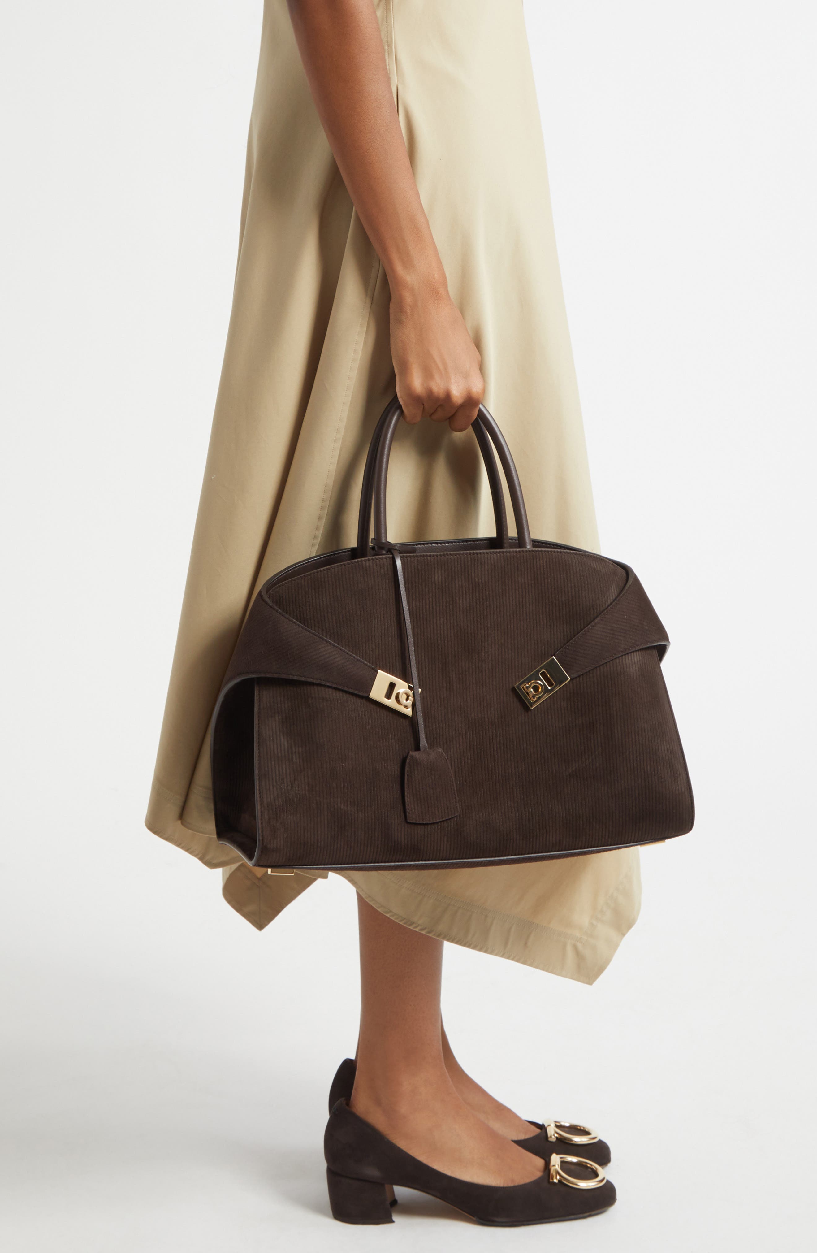 FERRAGAMO Medium Hug Suede Top Handle Bag, Alternate, color, Testa Di Moro