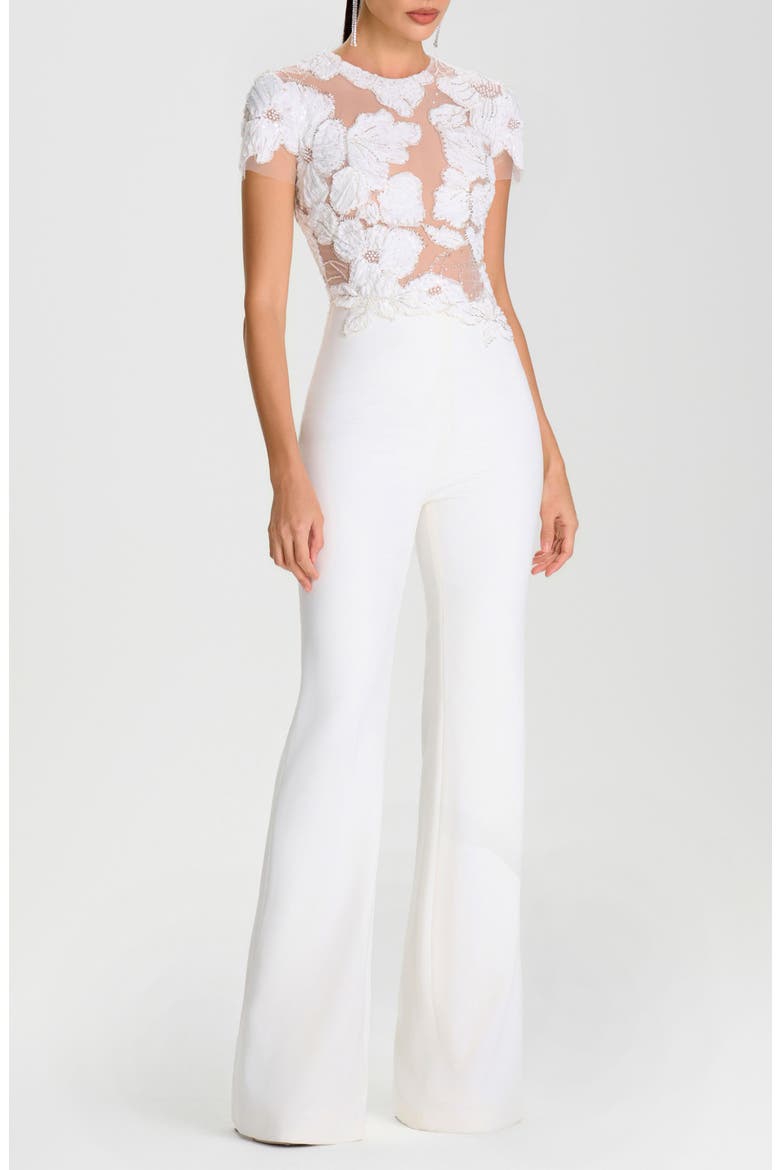 Sloane Beaded Floral Appliqué Wide Leg Cocktail Jumpsuit, Alternate, color, WHITE