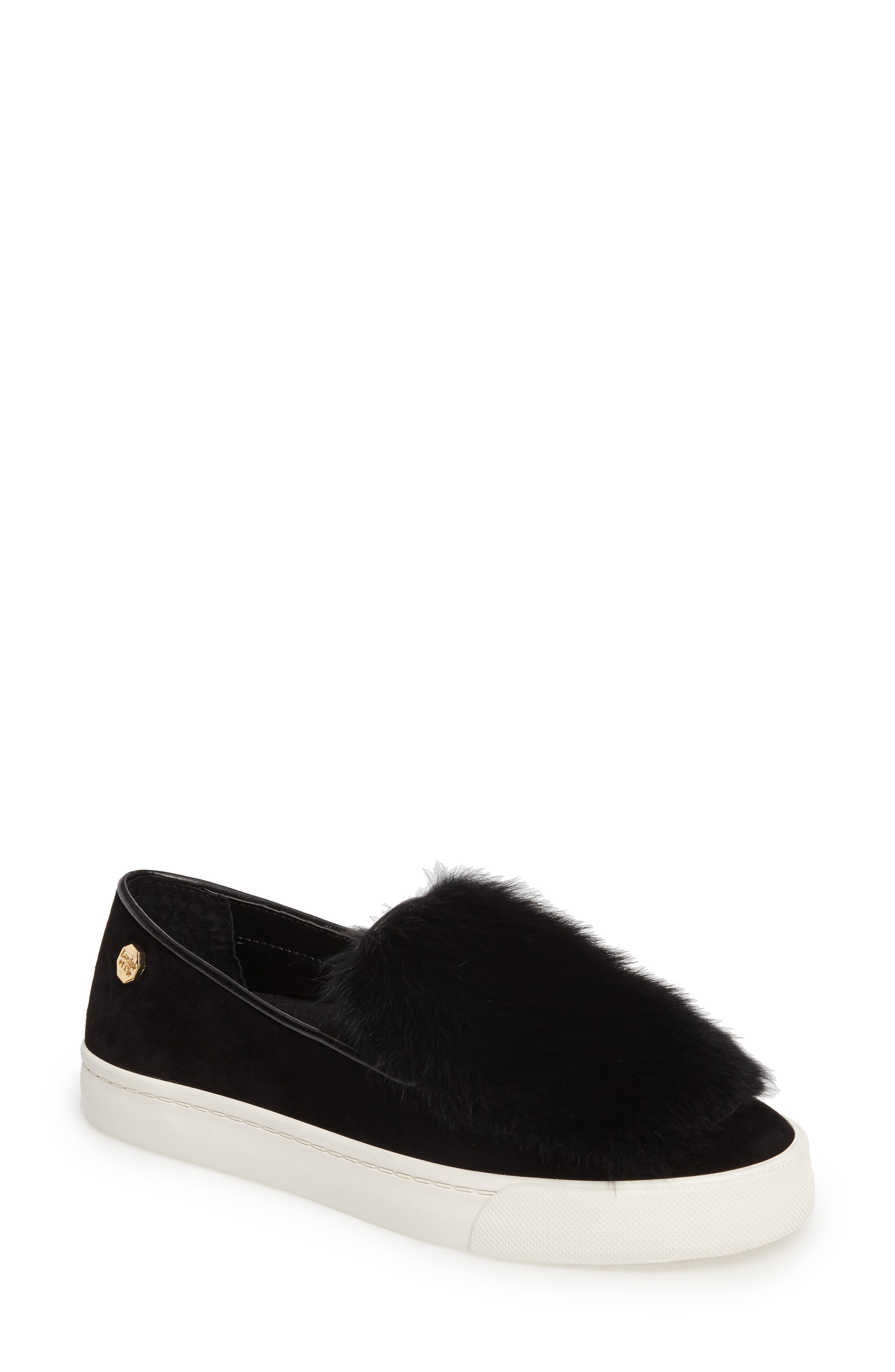 Bershner Genuine Rabbit Fur Slip-On Sneaker, Main, color, BLACK SUEDE