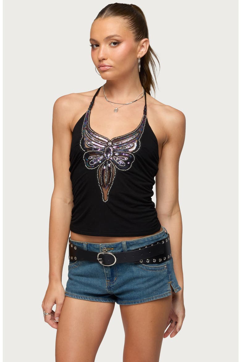 Beaded Sequin Butterfly Camisole, Alternate, color, BLACK