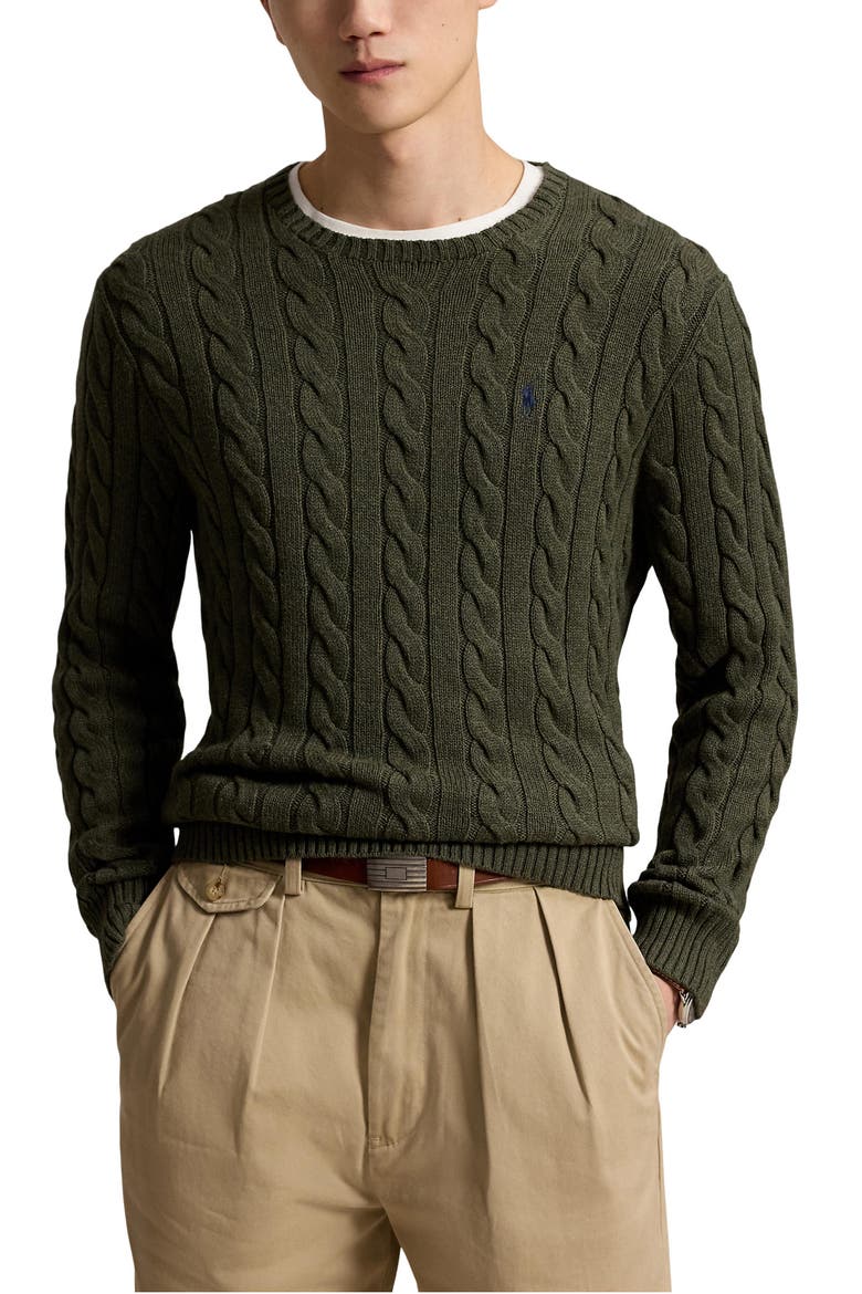 Cable Stitch Cotton Crewneck Sweater, Main, color, OLVHTHR