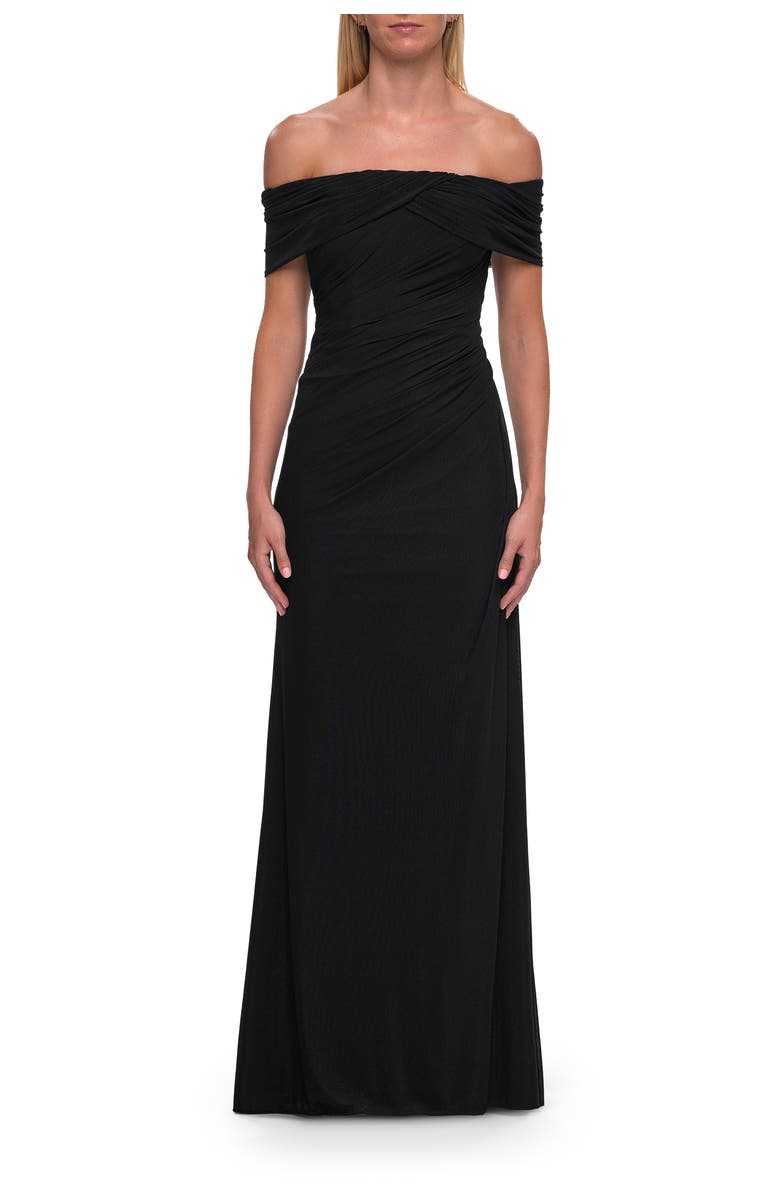 La Femme Off-the-Shoulder Ruched Jersey Gown, Main, color, Black