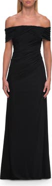 La Femme Off-the-Shoulder Ruched Jersey Gown