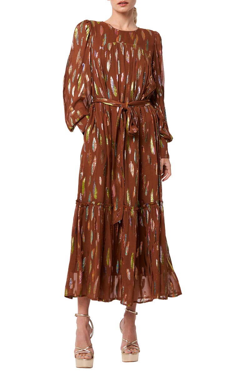 CIEBON Eryn Metallic Print Tie Waist Long Sleeve Maxi Dress, Main, color,