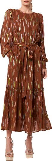 CIEBON Eryn Metallic Print Tie Waist Long Sleeve Maxi Dress | Nordstrom