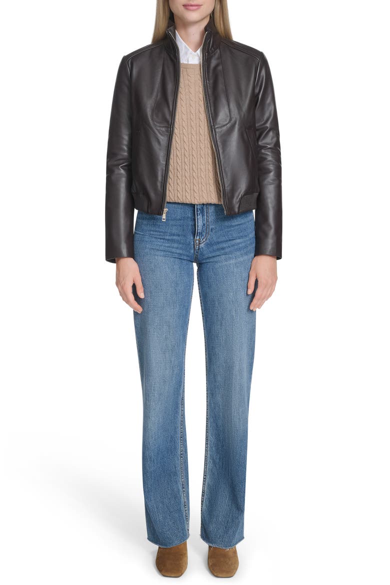 Stand Collar Leather Bomber Jacket, Alternate, color, DEEP ESPRESSO
