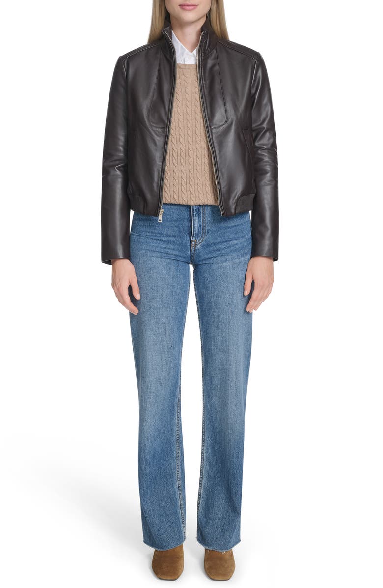 Cole Haan Stand Collar Leather Bomber Jacket, Alternate, color, Deep Espresso