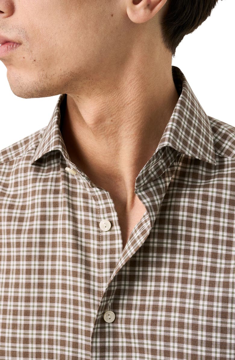 Eton Slim Fit Brown Check Cotton Flannel Dress Shirt, Alternate, color, Medium Brown