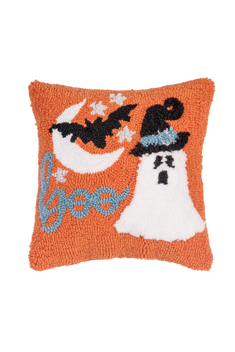 Witch Ghost & Bat "Boo" Mini Hooked Halloween Accent Pillow 12" x 12", Main, color, Orange