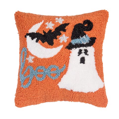 Witch Ghost & Bat "Boo" Mini Hooked Halloween Accent Pillow 12" x 12"
