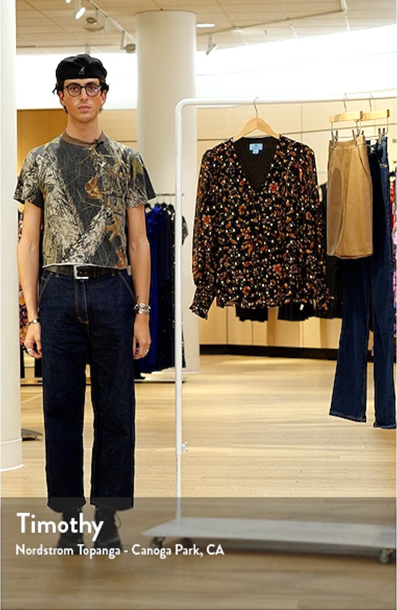 Printed Smocked Cuff V-Neck Top, sales video thumbnail