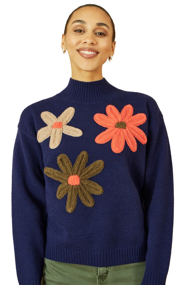 Yumi Floral Detail High Neck Knit Sweater, Alternate, color, Navy