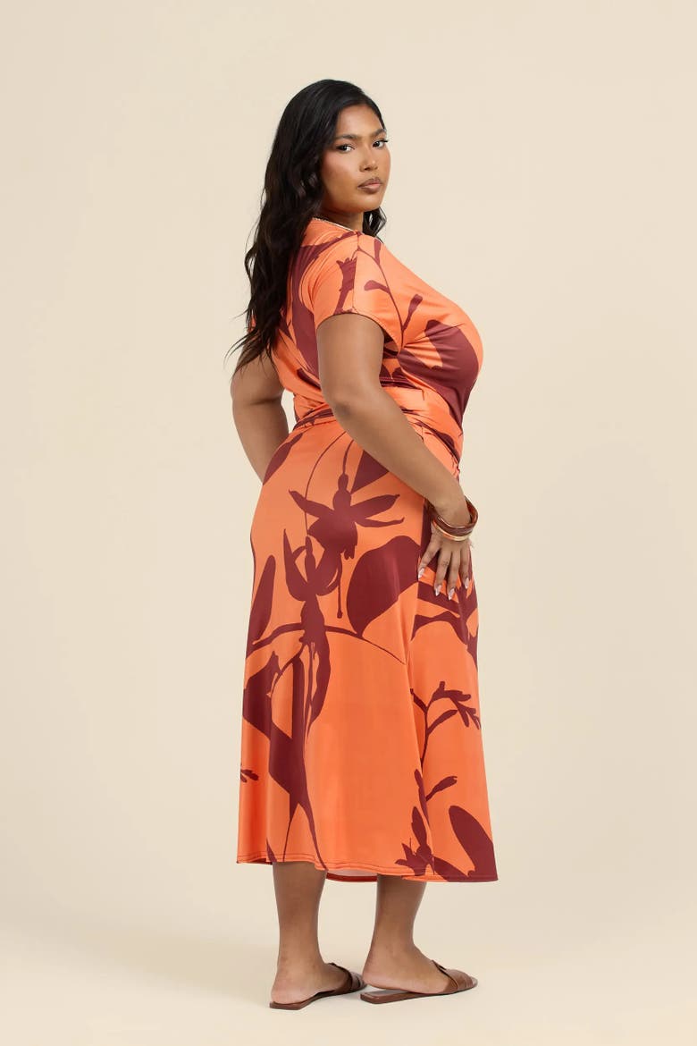 Plus Size Floral Wrap Jersey Midi Dress, Alternate, color, Orange