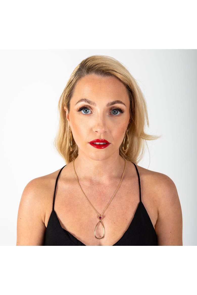 Long Petal Drop Necklace with Pear Cut Ruby, Alternate, color, Gold