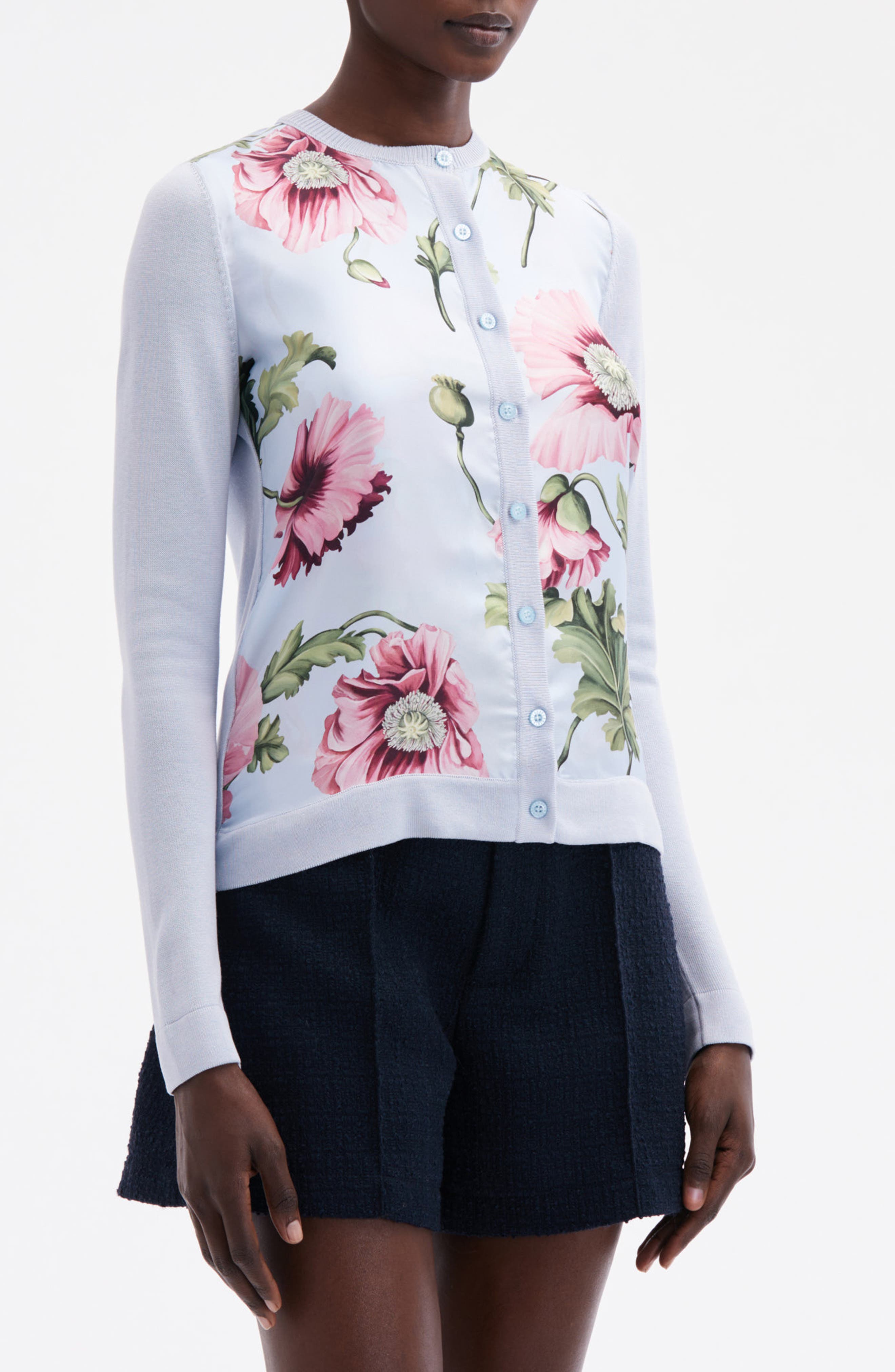 Oscar de la Renta Poppy Print Silk Twill Panel Cardigan (Women ...