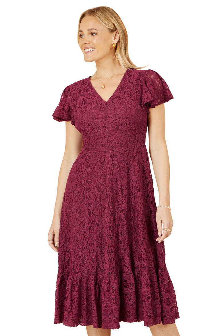 Short Sleeve Lace Midi Skater Dress, Alternate, color, Burgundy