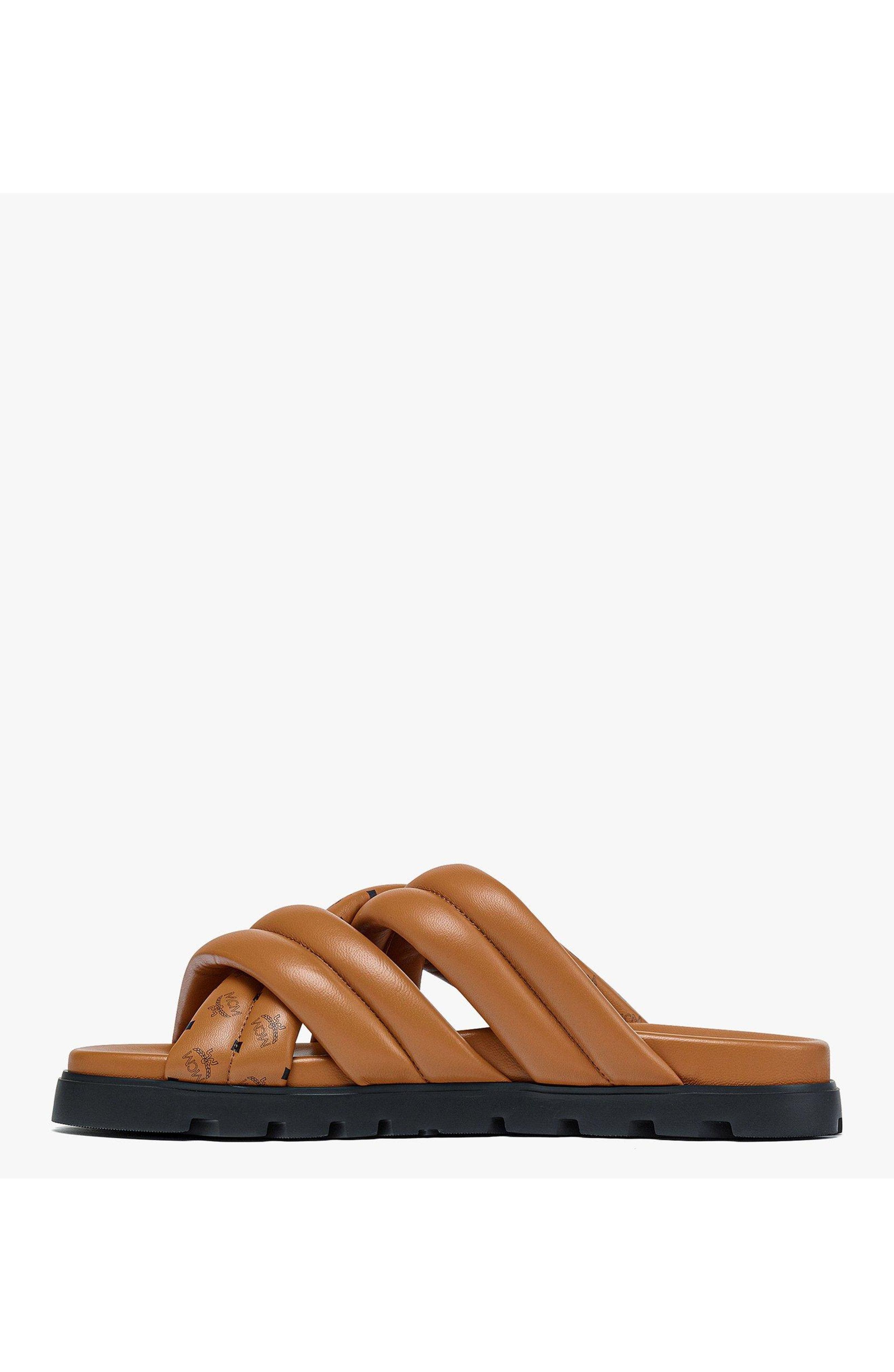 MCM Monogram Print Cross Sandals in Lamb Leather, Alternate, color, Cognac
