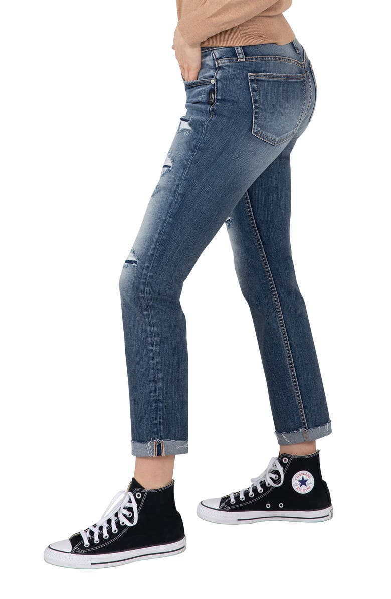 Silver Jeans Co. Beau Ripped High Waist Cuff Girlfriend Fit Jeans, Alternate, color, Indigo