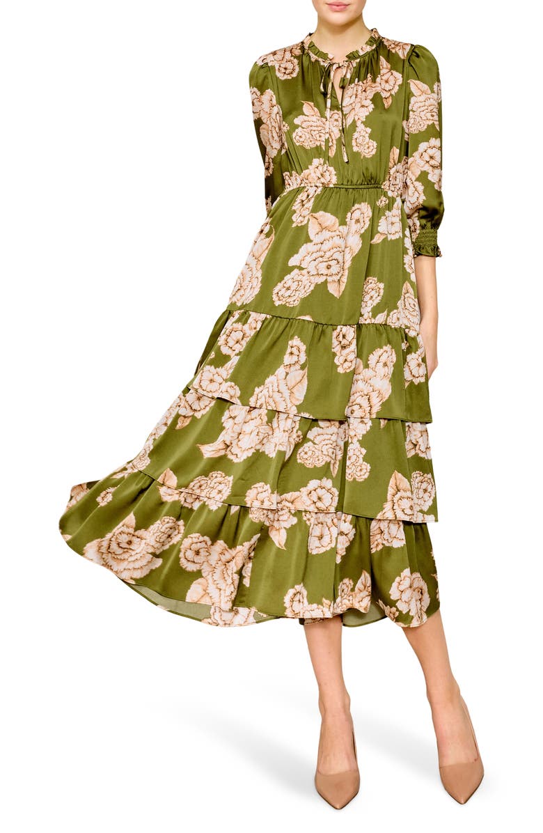 MELLODAY Floral Tiered Satin Midi Dress, Alternate, color, 