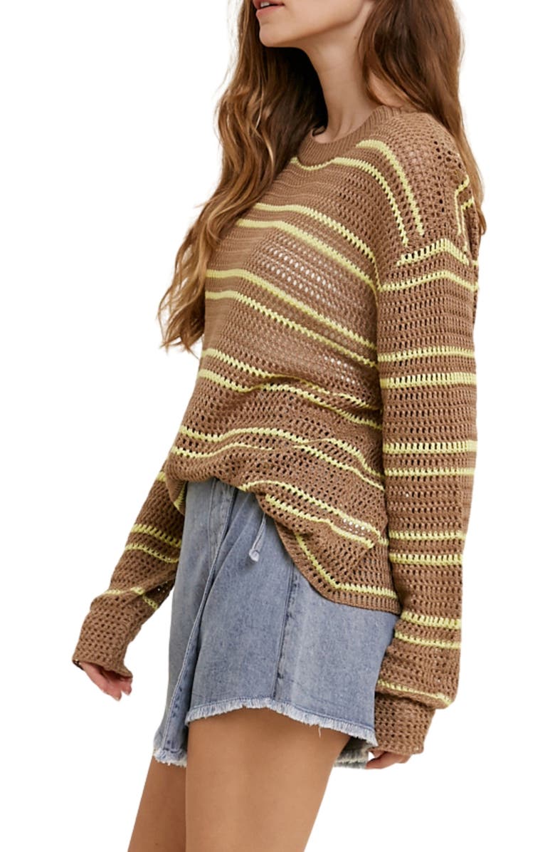 WISHLIST Stripe Open Knit Sweater, Alternate, color, Mocha/ Lime