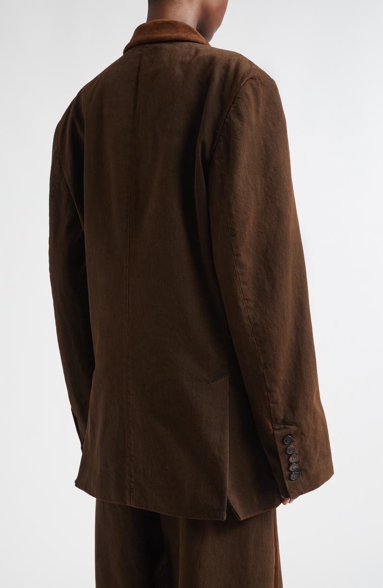 Dries Van Noten Bafya Velvet Trim Double Breasted Denim Blazer, Alternate, color, Brown