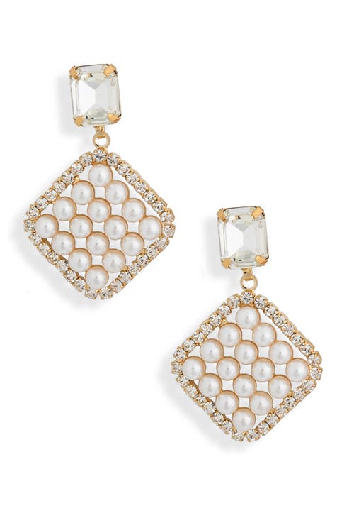 Imitation Pearl & Crystal Cushion Drop Earrings