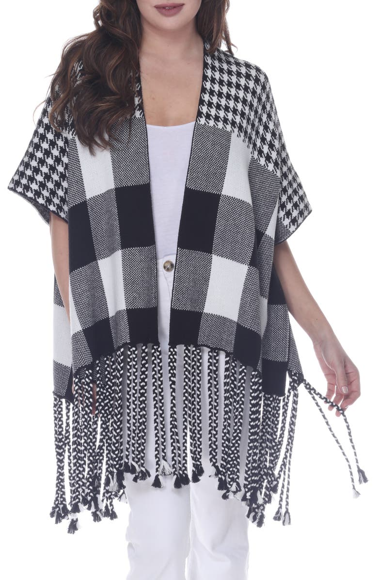 RAIN AND ROSE Check Fringe Trim Poncho, Main, color, Black