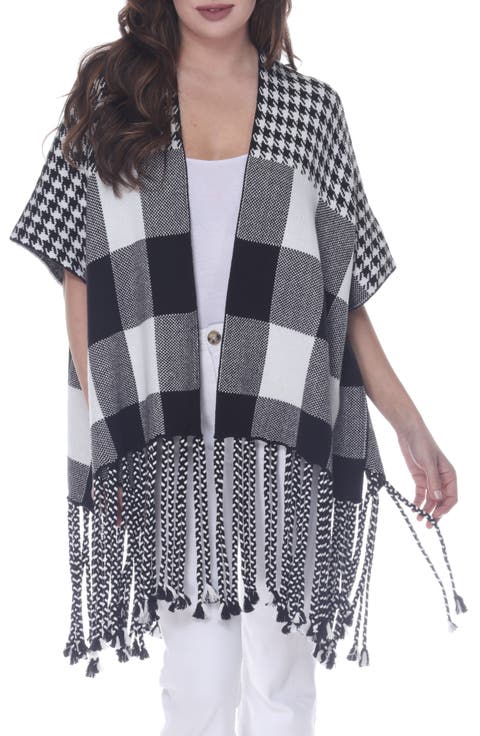 Check Fringe Trim Poncho