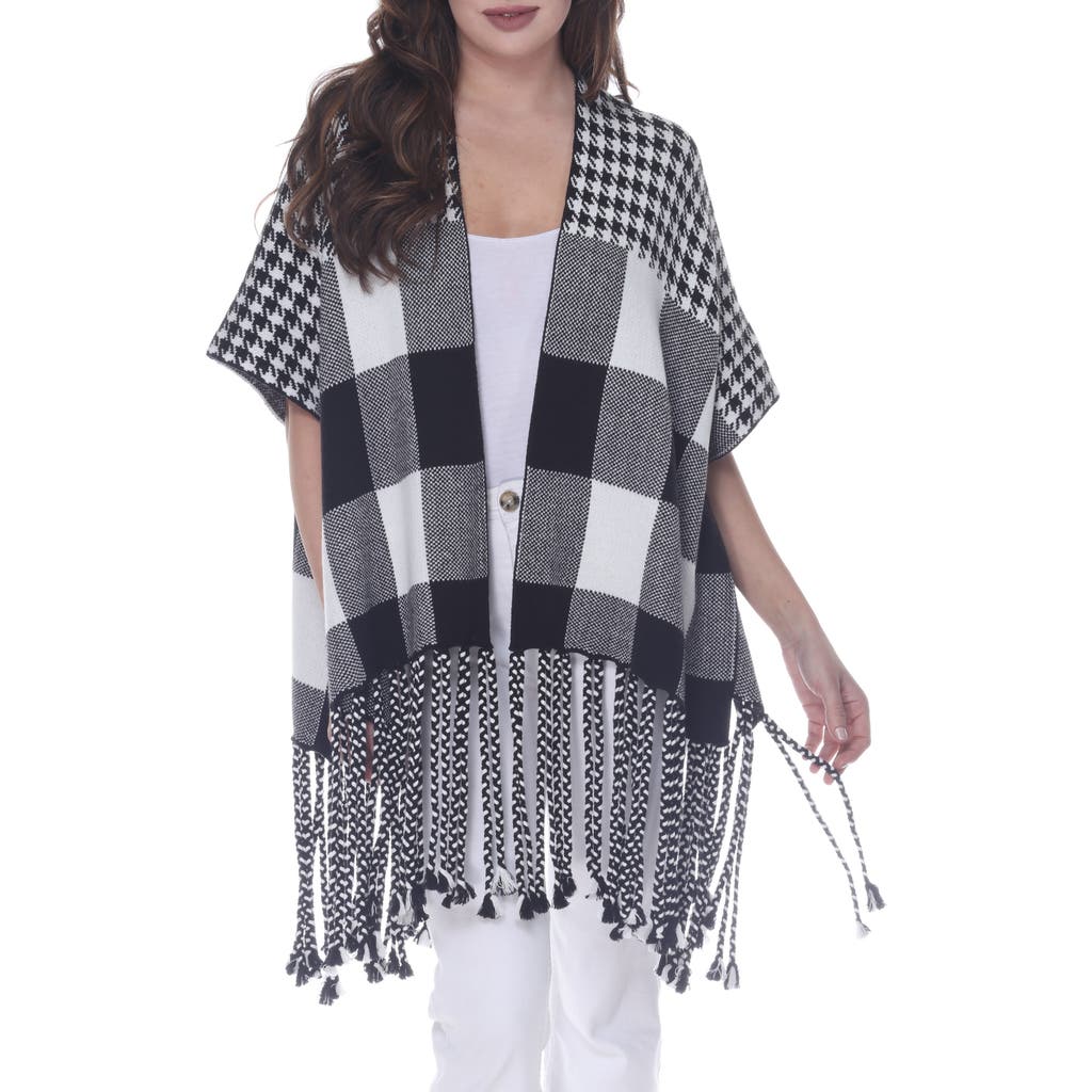 Rain And Rose Check Fringe Trim Poncho In Burgundy