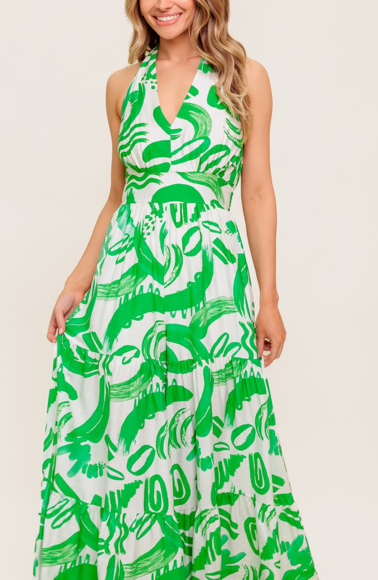 FLYING TOMATO Print Wide Leg Halter Jumpsuit, Alternate, color, Ivory Green