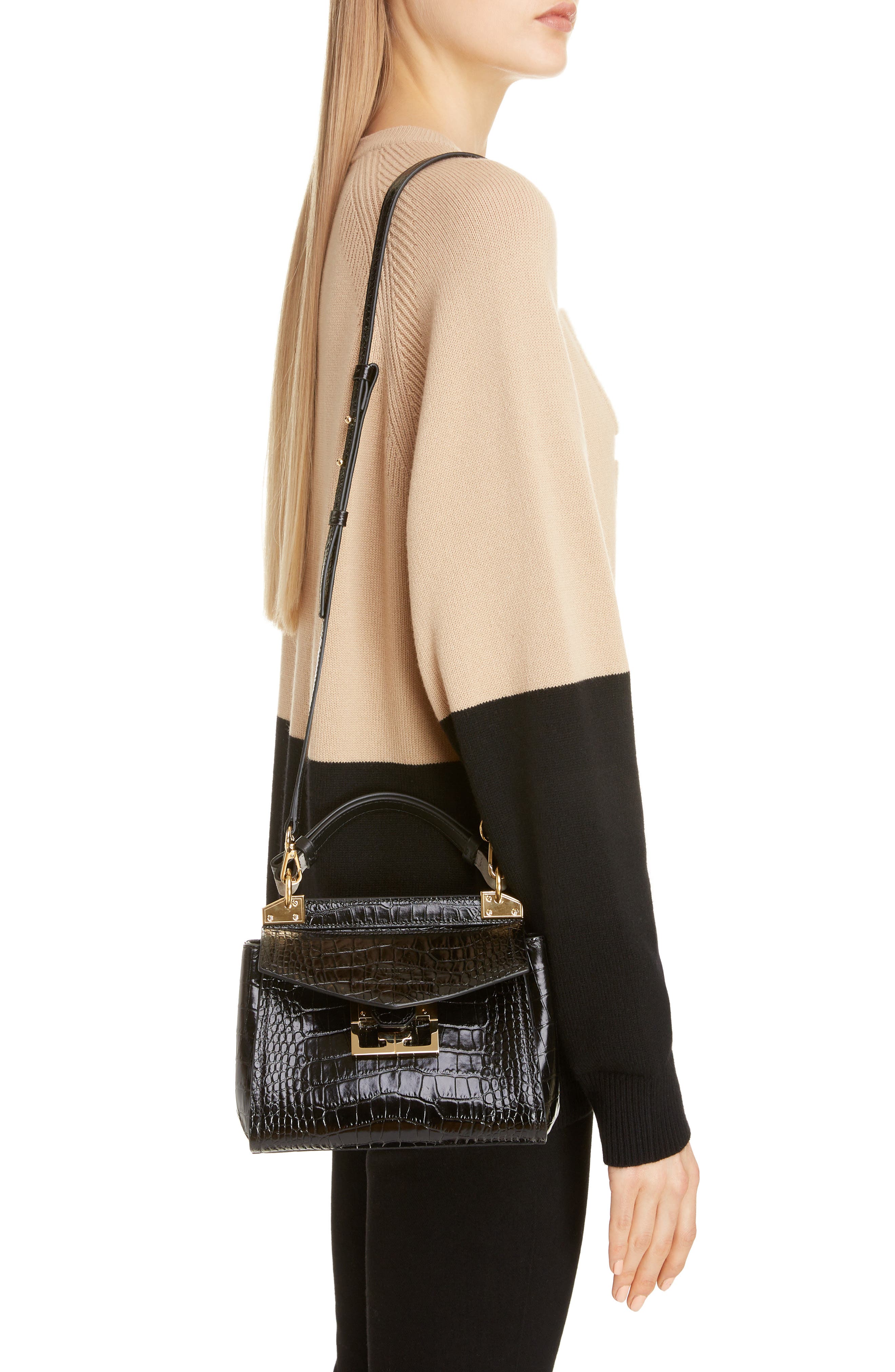 Mini Mystic Croc Embossed Leather Satchel, Alternate, color, BLACK