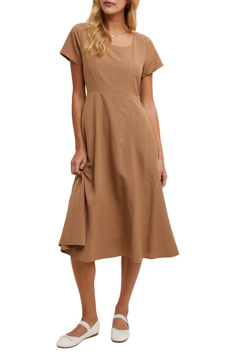 Flare Square Neck Midi Dress, Main, color, MOCHA