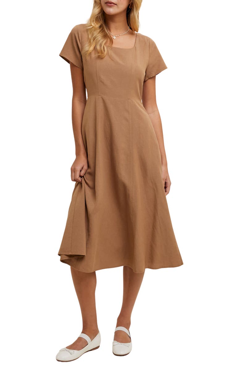 WISHLIST Flare Square Neck Midi Dress, Main, color, Mocha