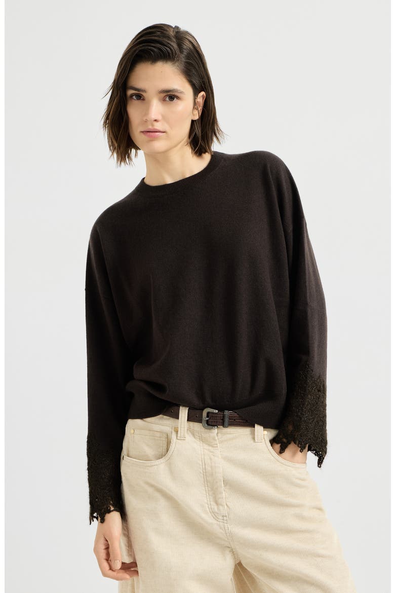 Cashmere sweater with wispy lace cuffs, Main, color, Coffee