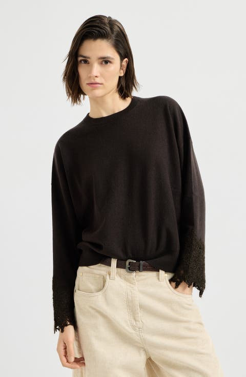 Cashmere sweater with wispy lace cuffs