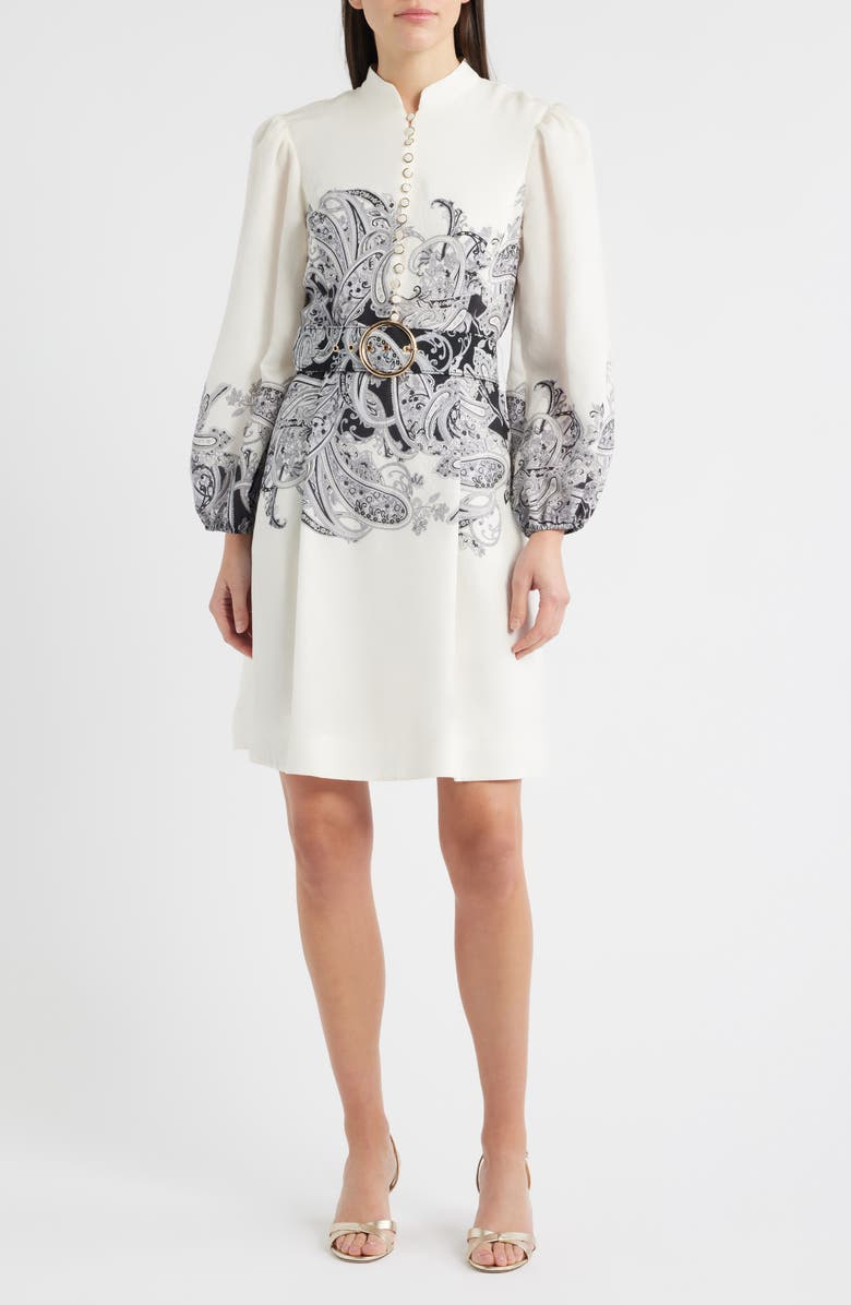 Tahari ASL Border Print Belted Long Sleeve Dress, Main, color, Ivory Fern