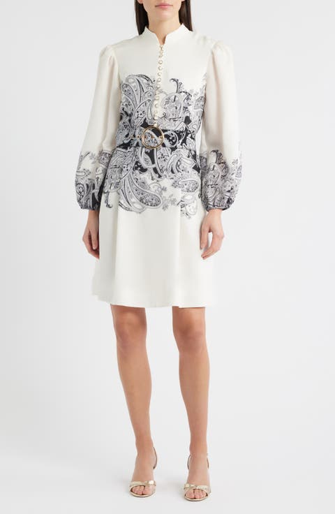 Border Print Belted Long Sleeve Dress