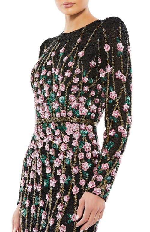 MAC DUGGAL MAC DUGGAL FLORAL EMBELLISHED MESH GOWN WITH HIGH NECK & SHEER LONG SLEEVES 