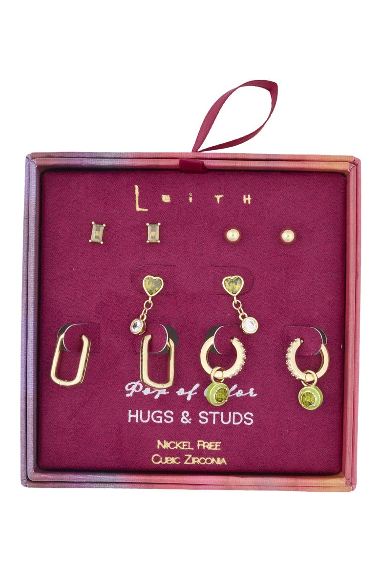 Set of 5 Cubic Zirconia Stud, Drop & Huggie Hoop Earrings, Main, color, GREEN MULTI- GOLD