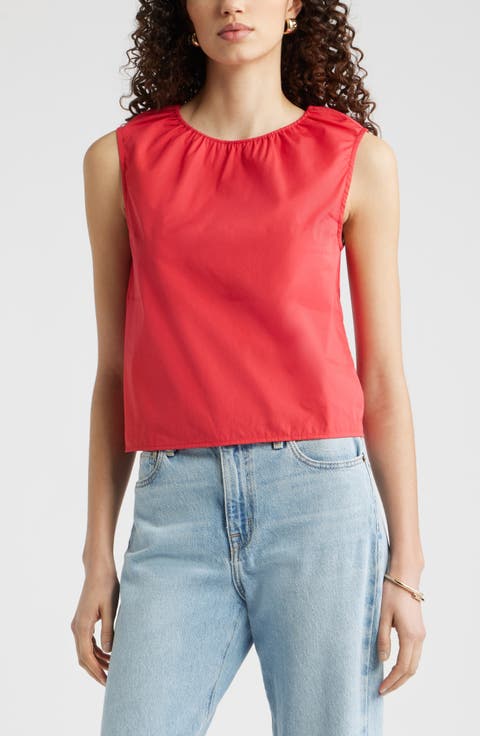 Floral Gathered Neck Poplin Sleeveless Top