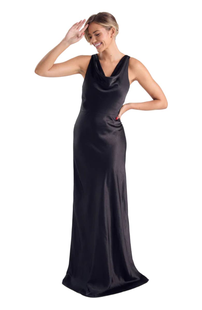 Six Stories Cowl Front Satin Bridesmaid Dress, Main, color, Black