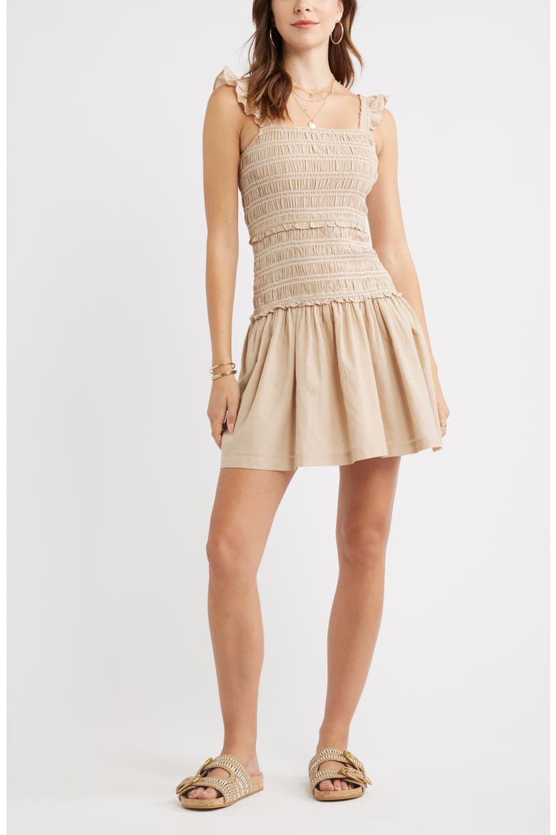 Ruffle Smocked Drop Waist Cotton Blend Minidress, Main, color, BEIGE HUMMUS